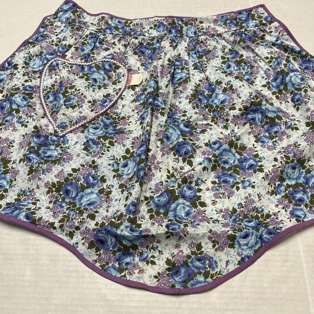 Vintage Silins Half Apron  Blue Purple Floral Embroidered Pocket 60s Housewife‎
